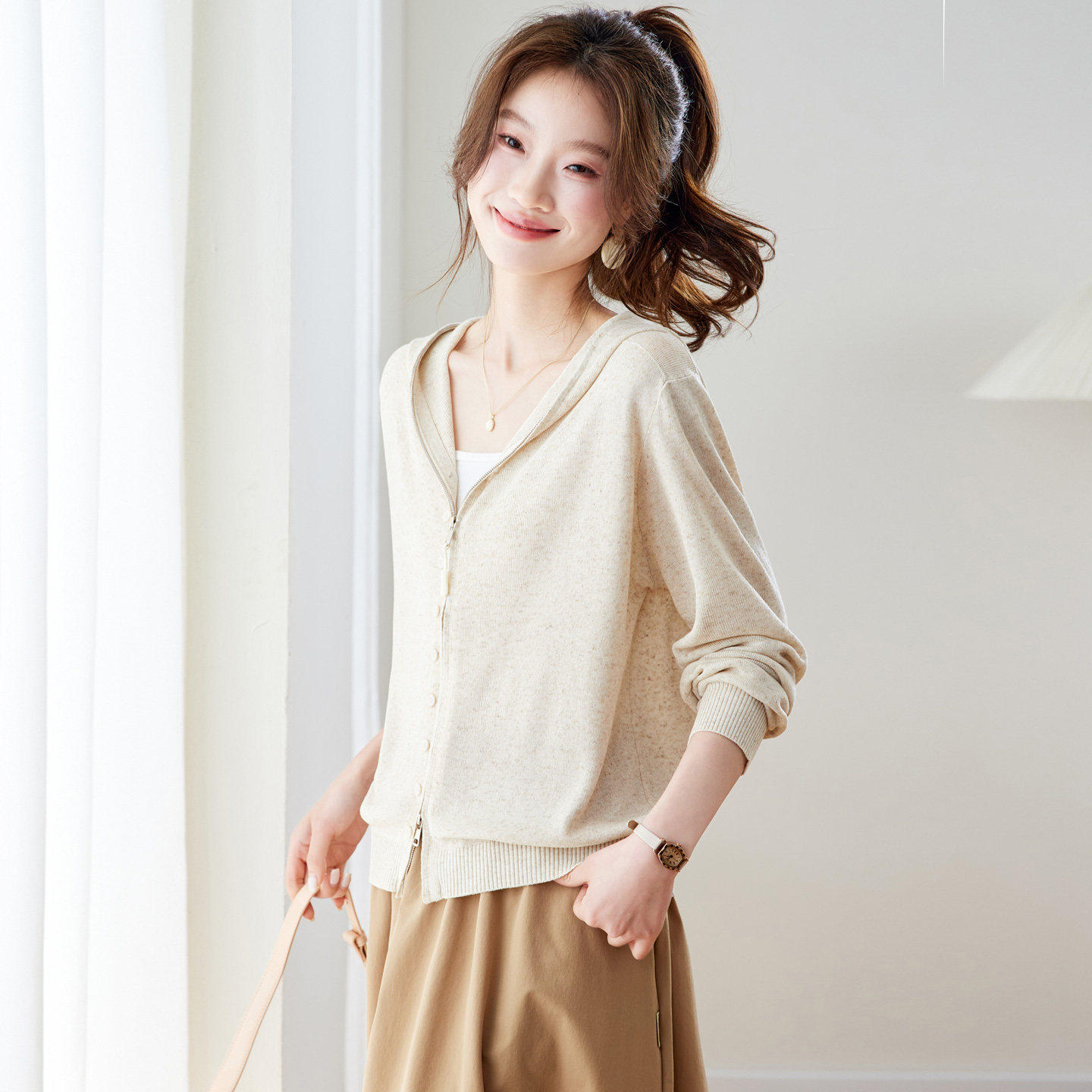 高级感连帽拉链针织开衫女外套春装2026年新款小个子带帽灰色卫衣