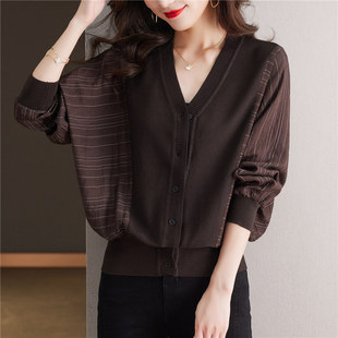 V领条纹雪纺拼接针织开衫春秋2025年新款蝙蝠长袖薄款毛衣外套女