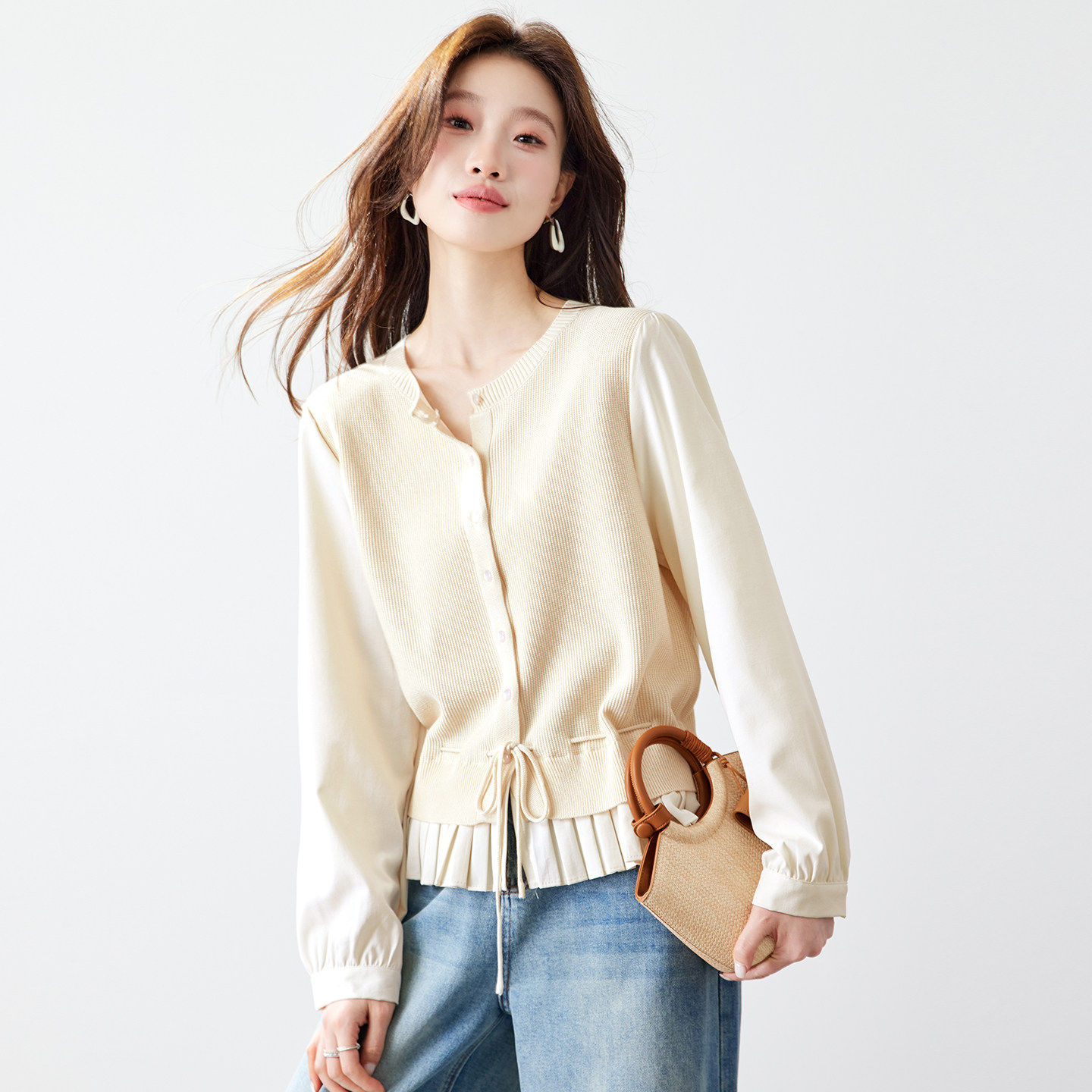 奶油风假两件针织开衫女抽绳收腰褶皱木耳边下摆毛衣洋派气质上衣,女装/女士精品,毛针织衫,淘宝优惠券,粉丝福利购,淘宝优惠卷