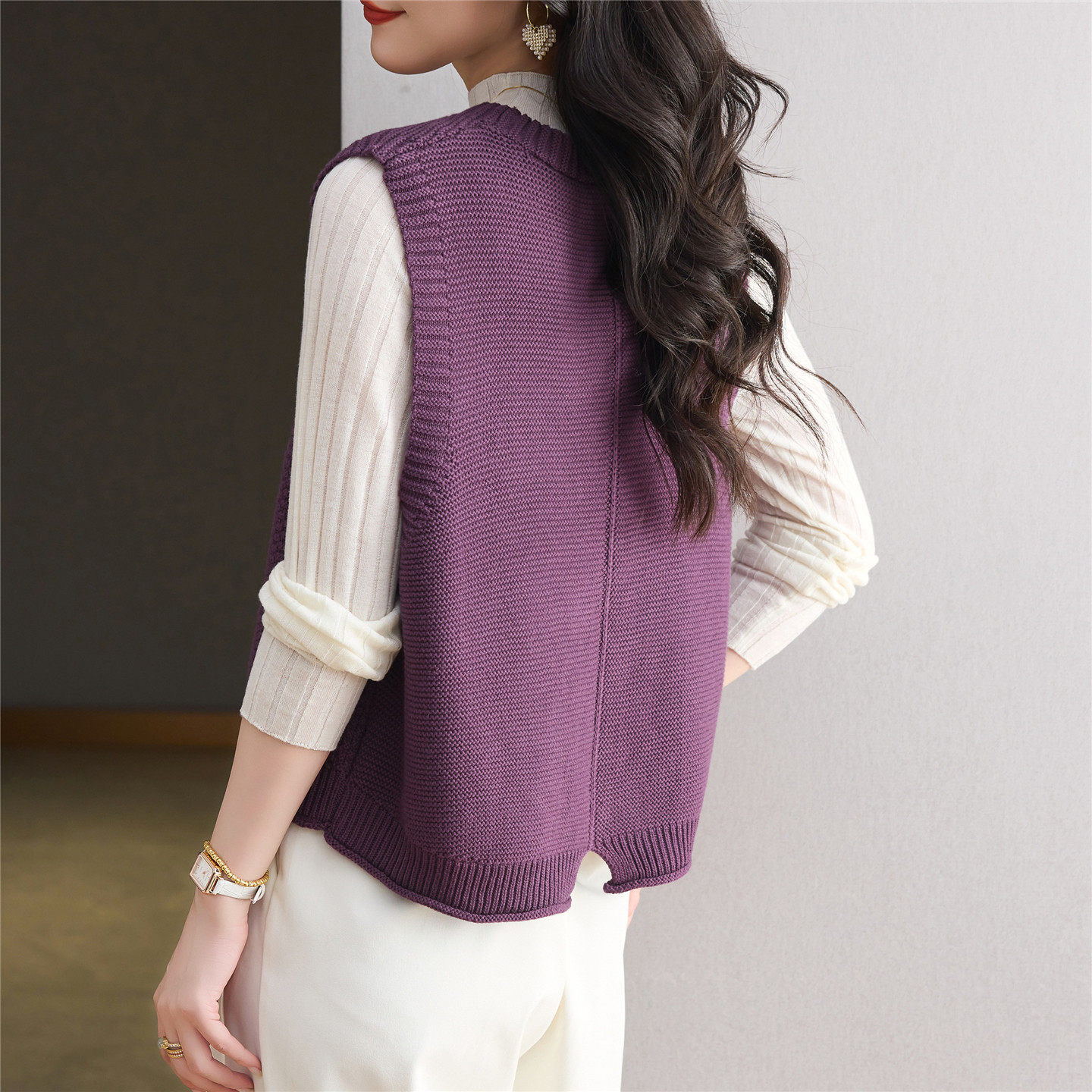 紫色针织开 衫马甲背心女2025早秋装新款无袖背心叠穿毛衣外套上