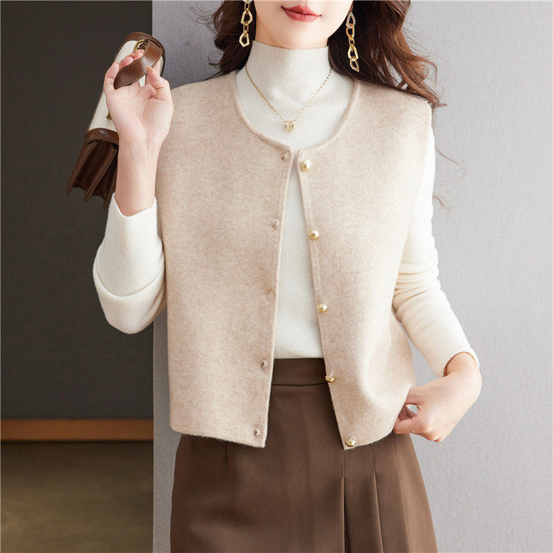 小香风圆领短款背心马甲女秋装高腰针织开 衫叠穿无袖薄款马夹上