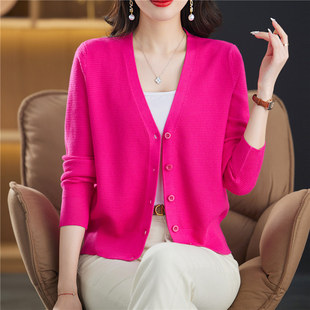 玫红色春秋短款针织开衫女装上衣2025新款小个子洋派毛衣薄款外套