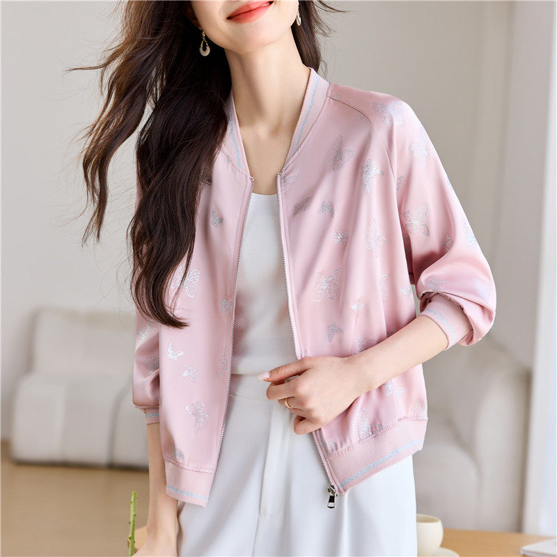 粉色雪纺外套女春夏2025女装薄款夹克棒球服防晒衣上衣夏空调开衫