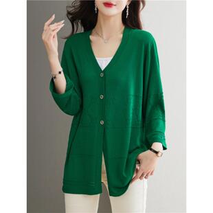 绿色大尺寸冰丝针织开衫 薄外套 女士v领中长早春穿宽松披肩春秋季