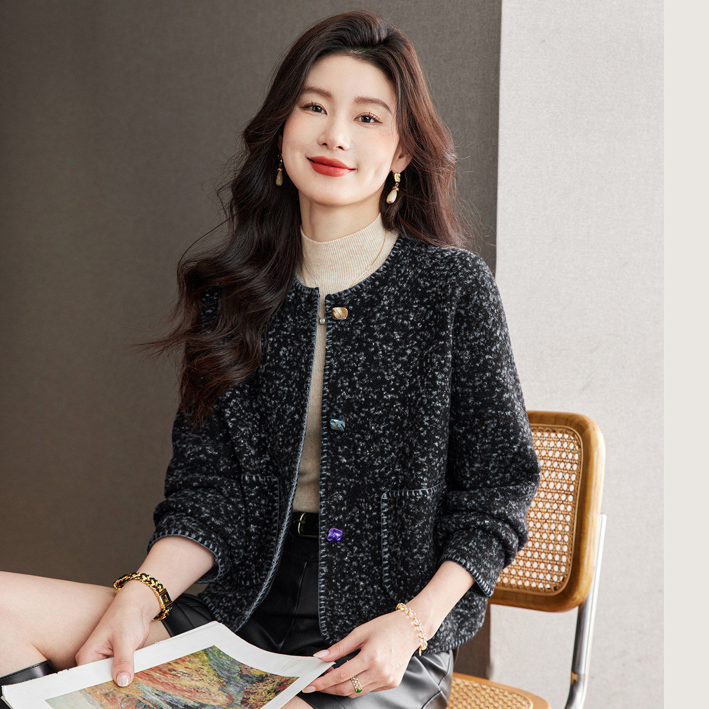 小香风粗花呢短外套女秋冬高级感纽扣明线口袋开衫外搭洋气小个子,女装/女士精品,短外套,淘宝优惠券,粉丝福利购,淘宝优惠卷