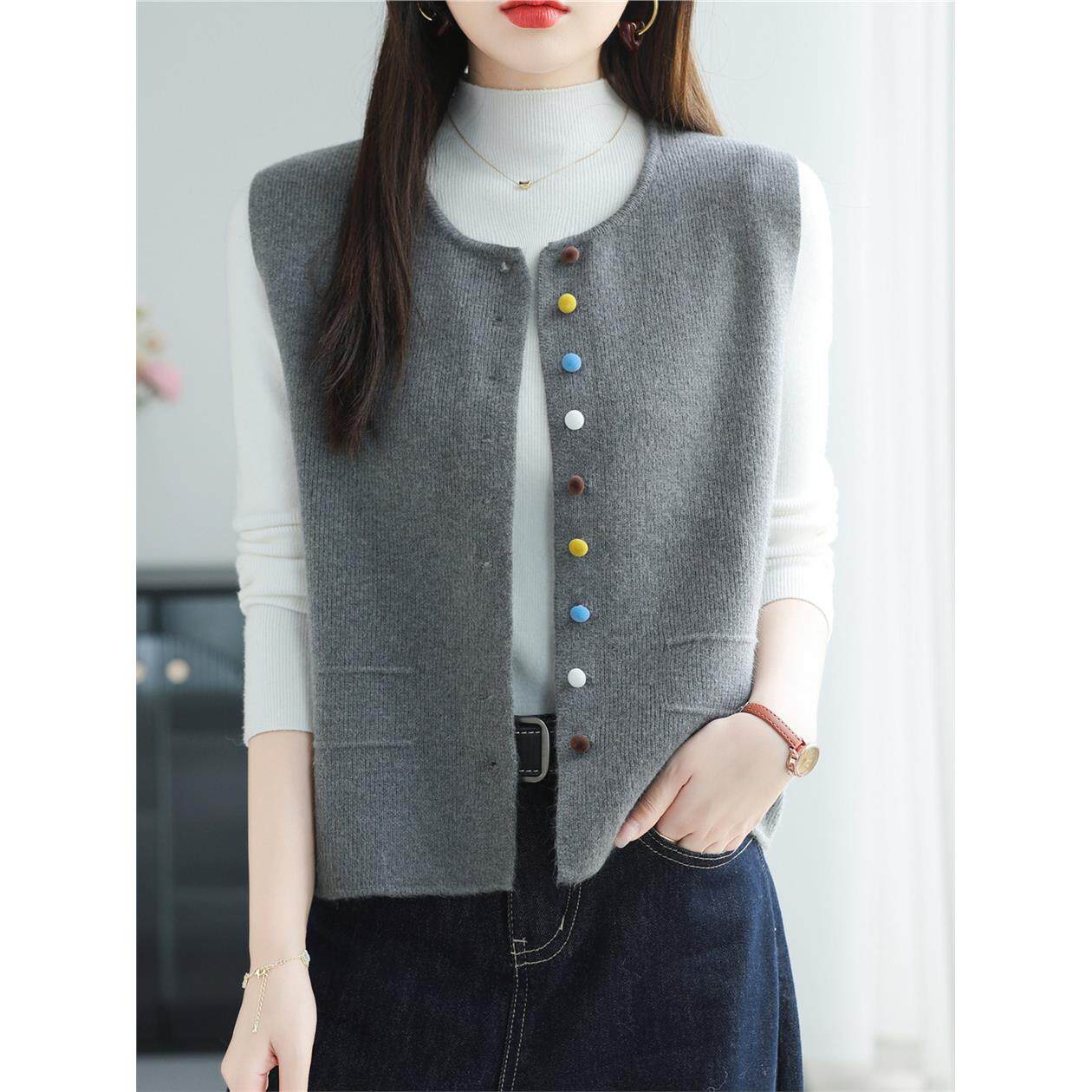 灰色文艺无袖马甲女毛衣春秋季针织开衫覆古马夹坎肩背心叠穿上衣