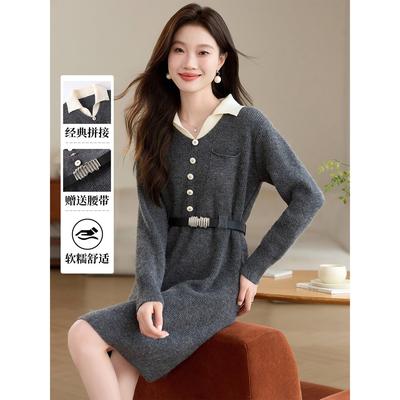 2025新款秋冬季高级感气质翻领针织连衣裙女小个子腰带收腰毛衣裙