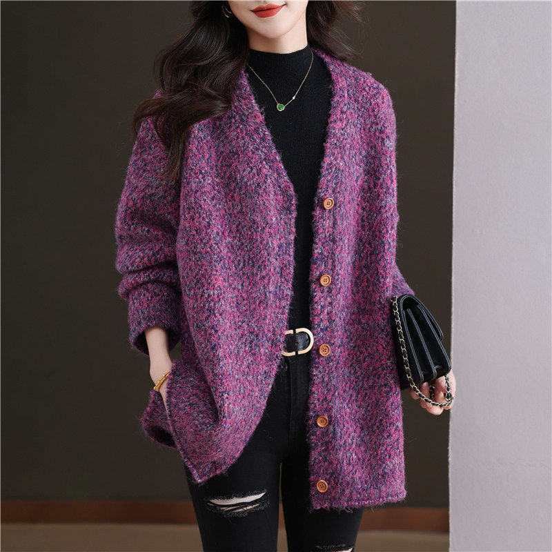 高级感紫色毛衣外套2025年新款春秋韩版宽松慵懒风洋气针织开衫女