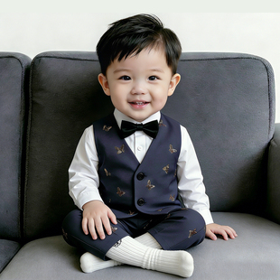 抓周衣服 马甲套装 周岁男宝宝生日宴礼服高级感小西装 帅气男童衬衫