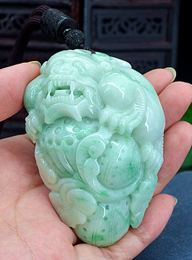 天然A货翡翠貔貅手把件a货缅甸玉皮丘手玩件翠绿如意把玩件10927