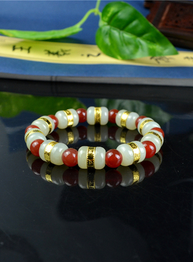 金镶玉手链路路通时来运999足金珠玛瑙黄金和田玉手串