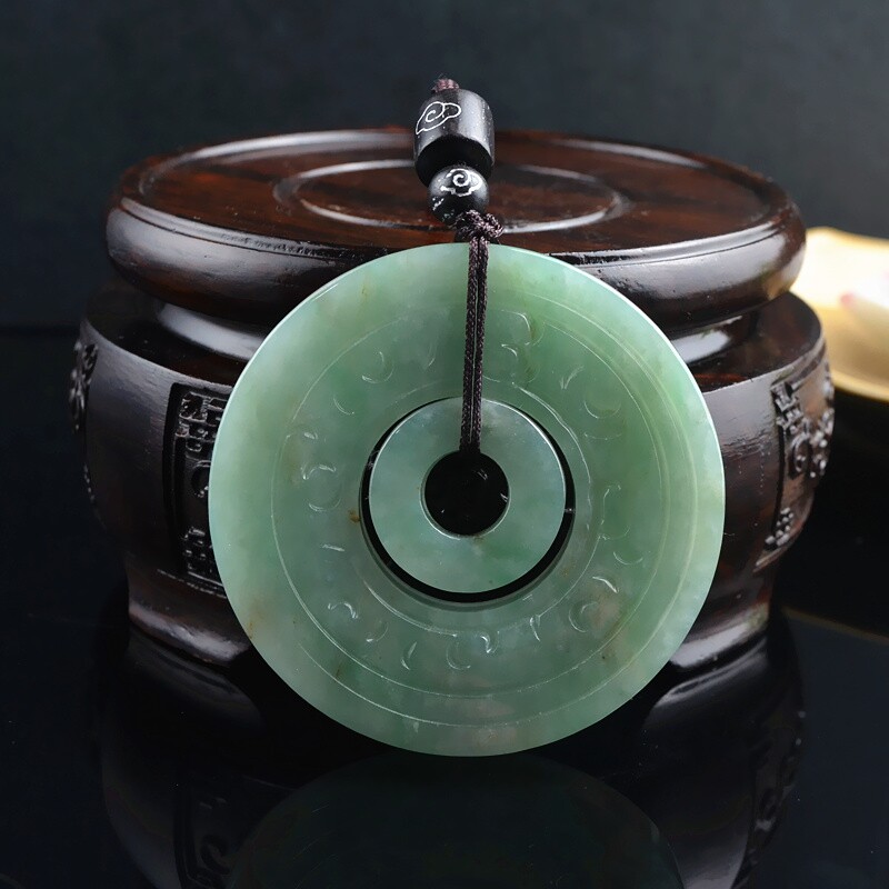 正品翡翠平安扣吊坠 天然缅甸翡翠A货子母平安扣复古玉扣项链