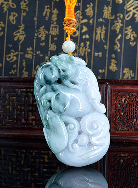 天然A货翡翠貔貅手把件a货缅甸玉皮丘手玩件飘花如意把玩件20714