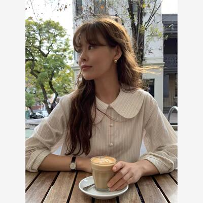 秒发！减龄娃娃领条纹衬衫韩国2025秋宽松休闲慵懒法式长袖上衣女