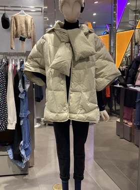 韩国lucky家25年秋冬围脖连帽斗篷款中长羽绒服LFUC-W22440