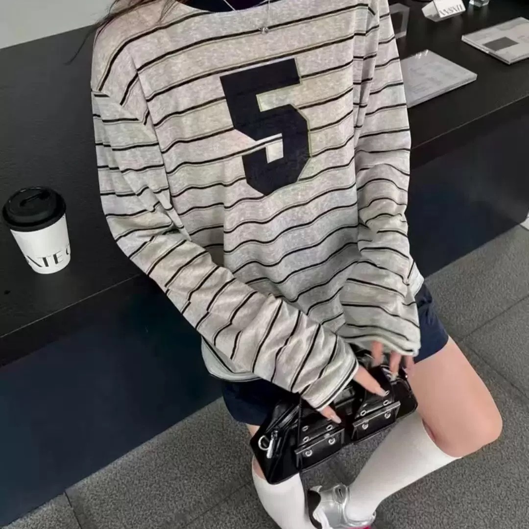 2025夏秋新款韩版撞色条纹数字5印花宽松圆领防晒薄款长袖T恤女潮