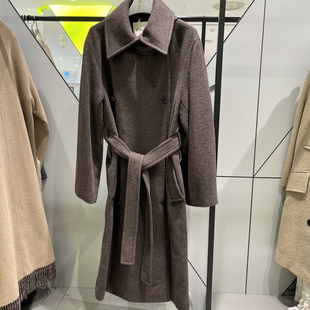 原现货韩国lucky高级质感立领双面羊毛大衣长款系带毛呢外套女