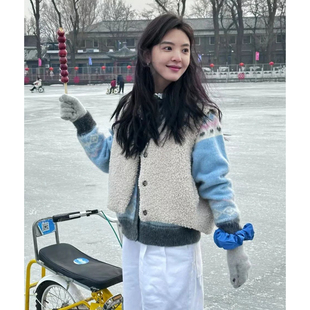 秒发!软糯羊羔毛外套韩国OUNCE章若楠同款宽松百搭V领短款马甲女