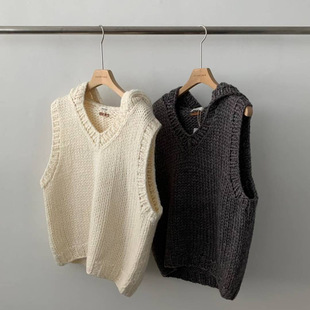 新 2025东大门纯手工编织overtake背心马甲连帽v领子套头纯色简约