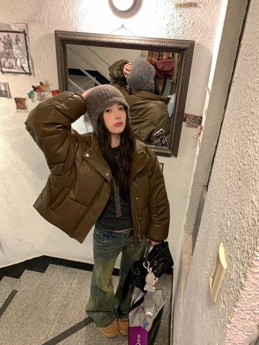 美拉德色短款羽绒棉服女2025冬宽松显瘦加厚PU皮小个子面包服外套