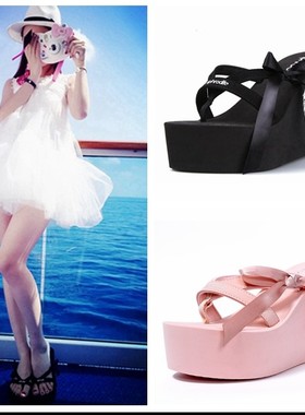 超高跟人字拖女黑色欧美潮松糕底夏时尚外穿防滑坡跟蝴蝶结凉拖鞋