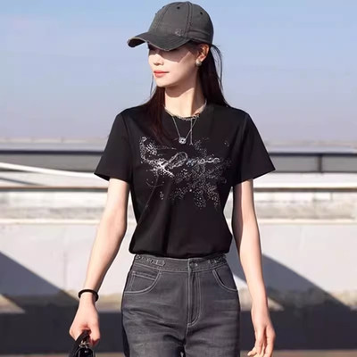 阿玛施夏修身钉珠短袖T恤女上衣