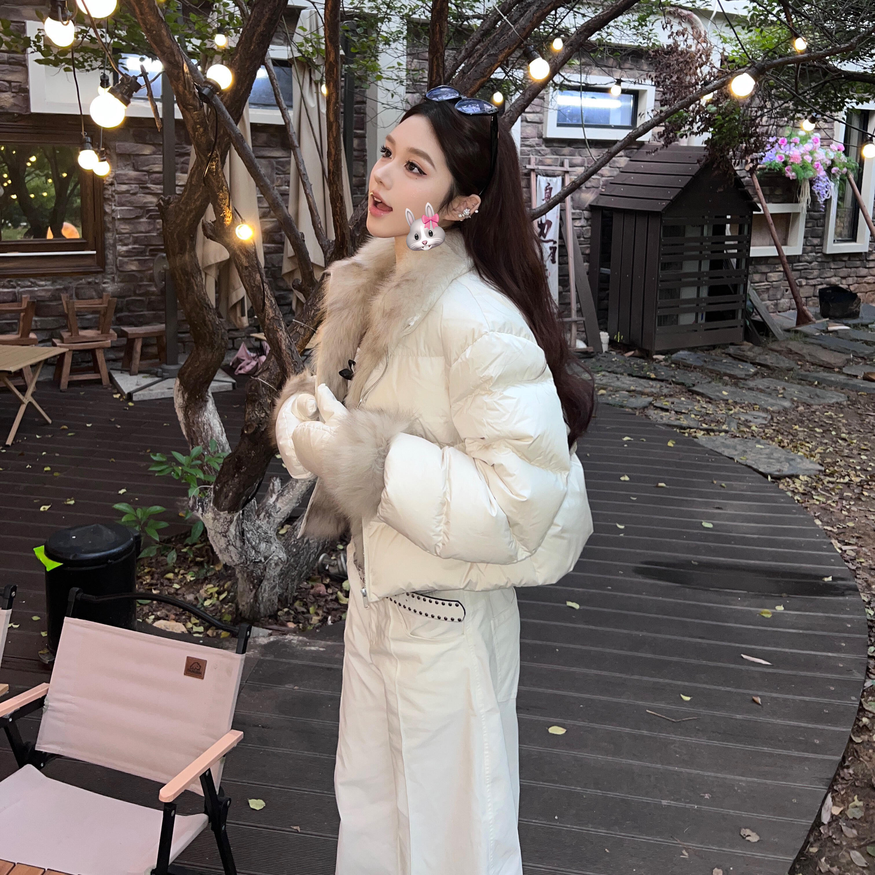 RECOIN R1C白色大毛领小个子连帽面包羽绒服女冬季短款派克服外套