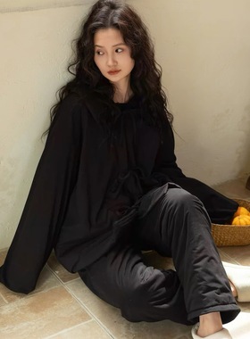 族马士睡衣女冬季新款三层夹棉袄黑色简约加厚家居服可外穿套装