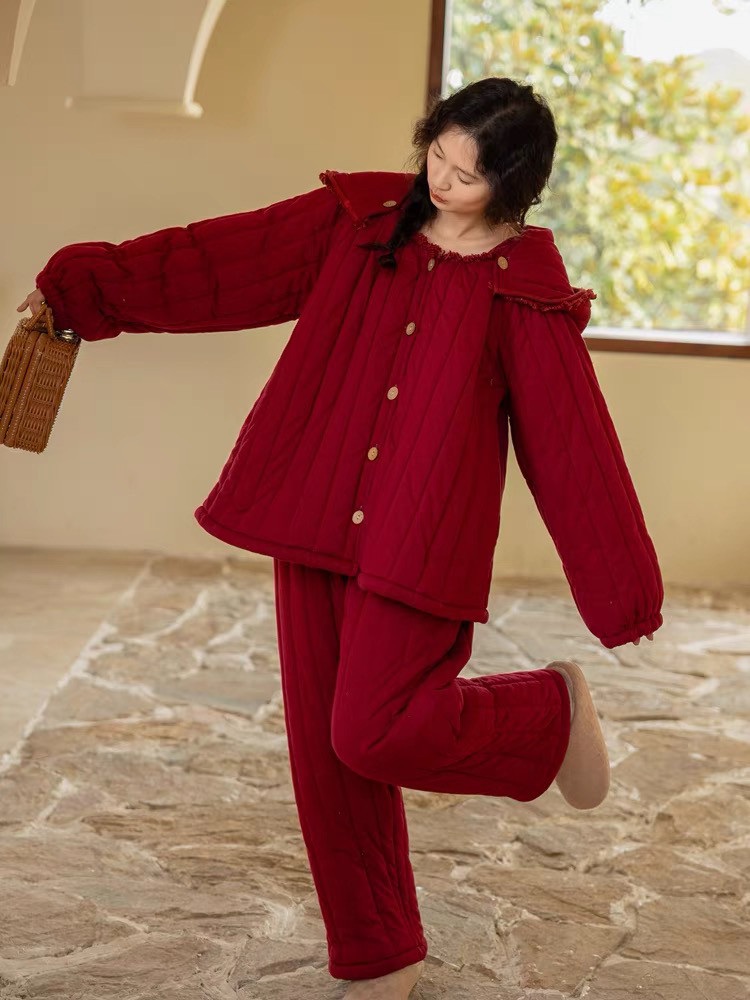 睡衣女冬季加绒加厚三层夹棉本命年喜庆大红色家居服套装冬天