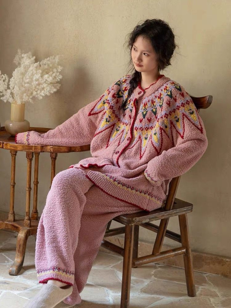 半边绒睡衣女秋冬季2025新款加厚珊瑚绒毛衣套装加厚家居服