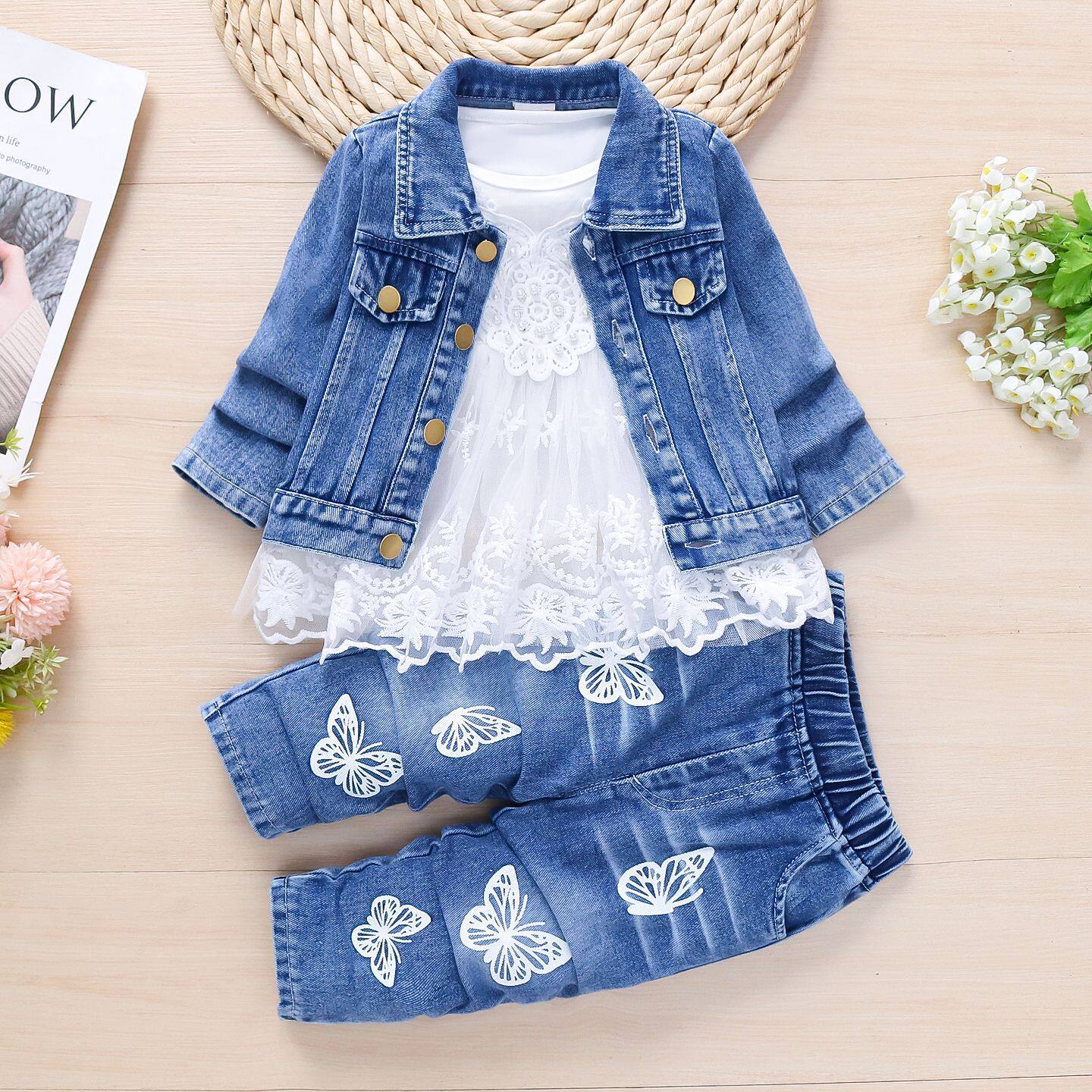 女宝宝春秋套装0-1-2-3-4岁女童婴幼儿牛仔棉三件套时尚潮外出服