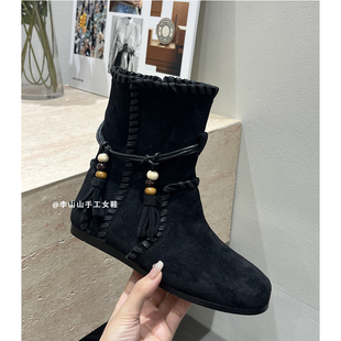 英伦风流苏绑带马丁靴女冬季新款真皮设计感西部牛仔平底勃肯短靴