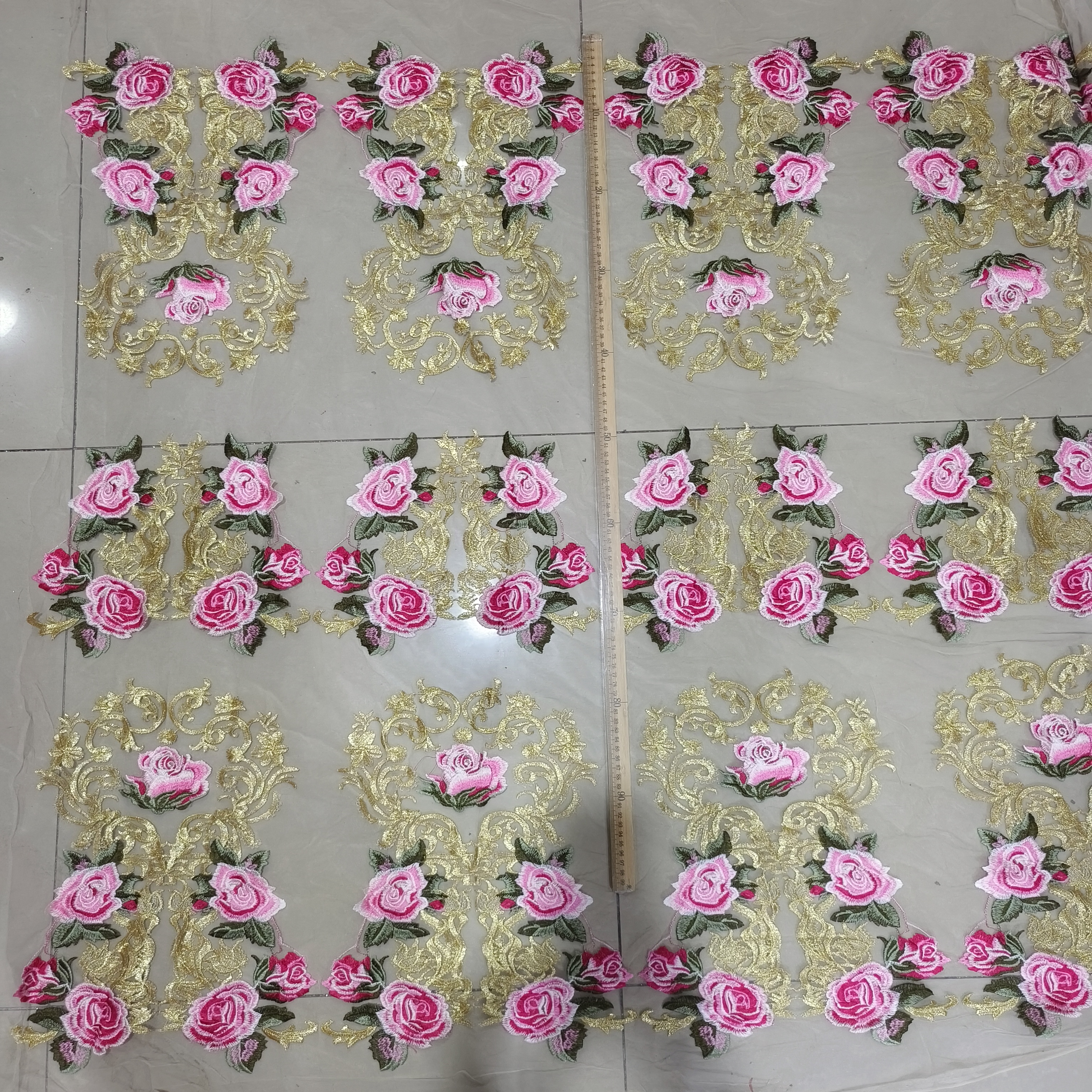 粉金色牡丹刺绣蕾丝高密度网纱装饰DIY蕾丝花边辅料汉服头巾材料