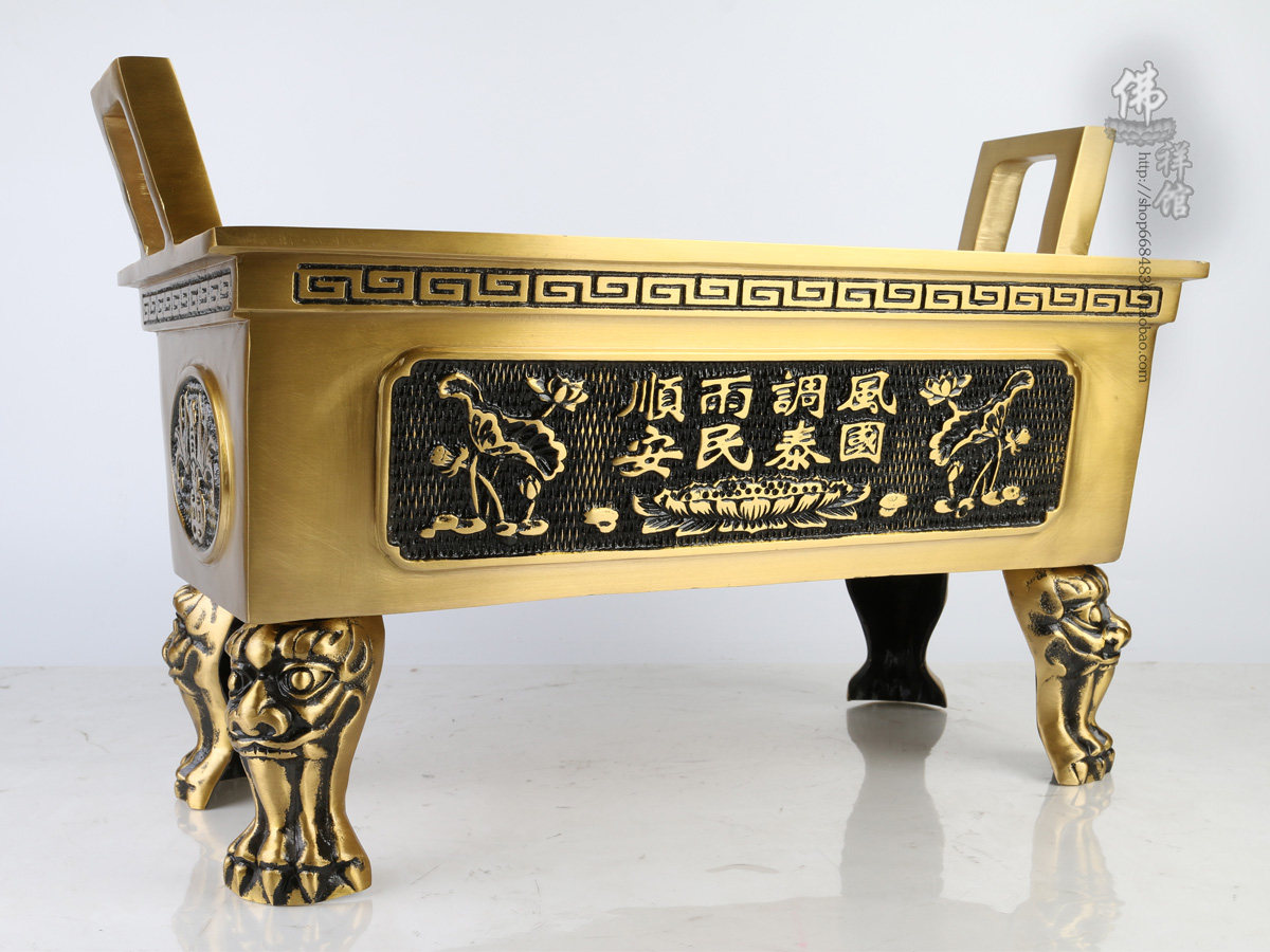 纯铜铜香炉 佛具 供佛莲花炉 铜四方鼎 招财进宝 寺庙大铜四方炉