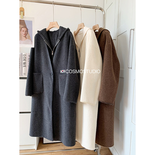 欧洲站连帽马甲两件套双面羊绒毛呢大衣外套女高端气质宽松显瘦冬