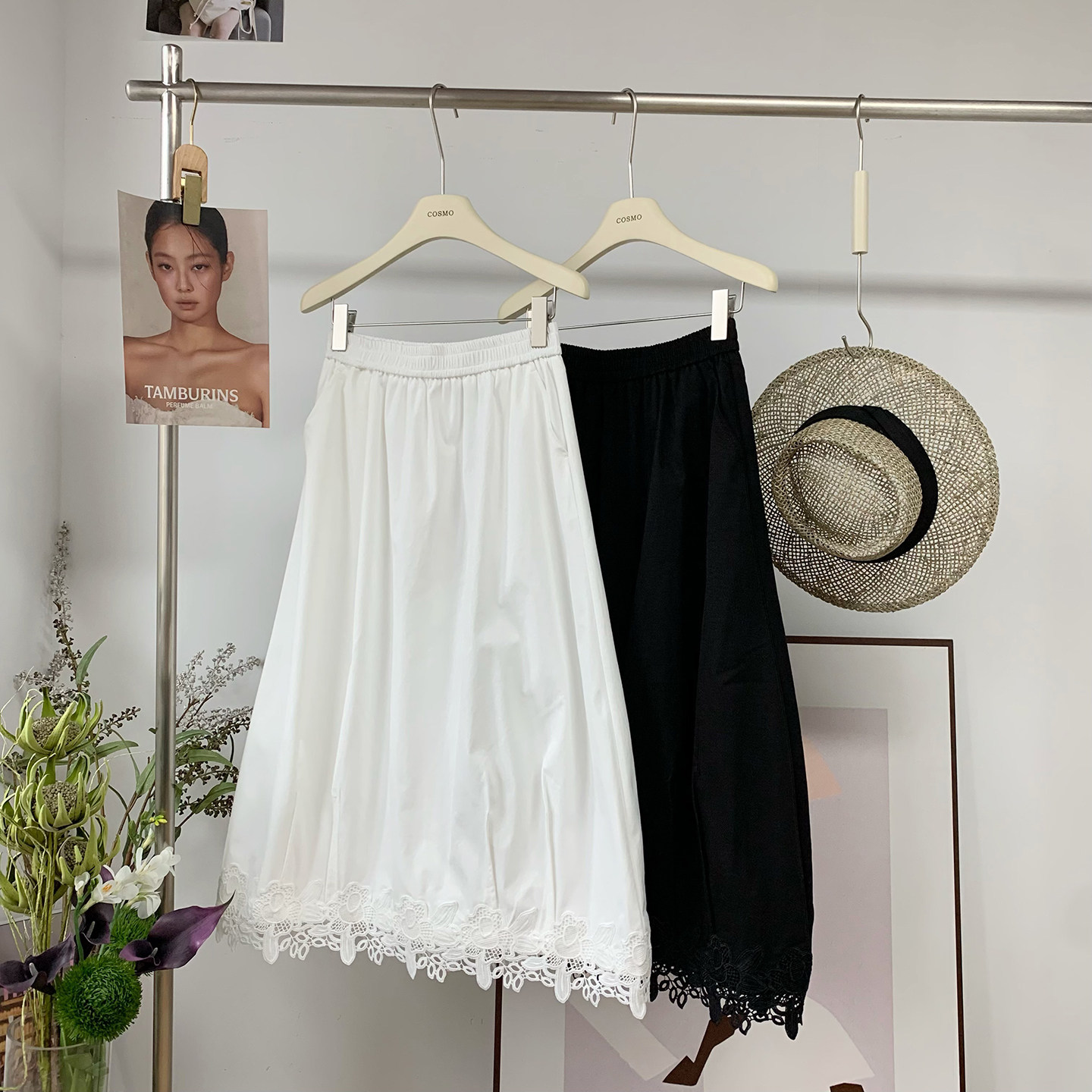 欧洲站白色花苞a字半身裙下摆蕾丝镂空刺绣女松紧腰2026夏季新款