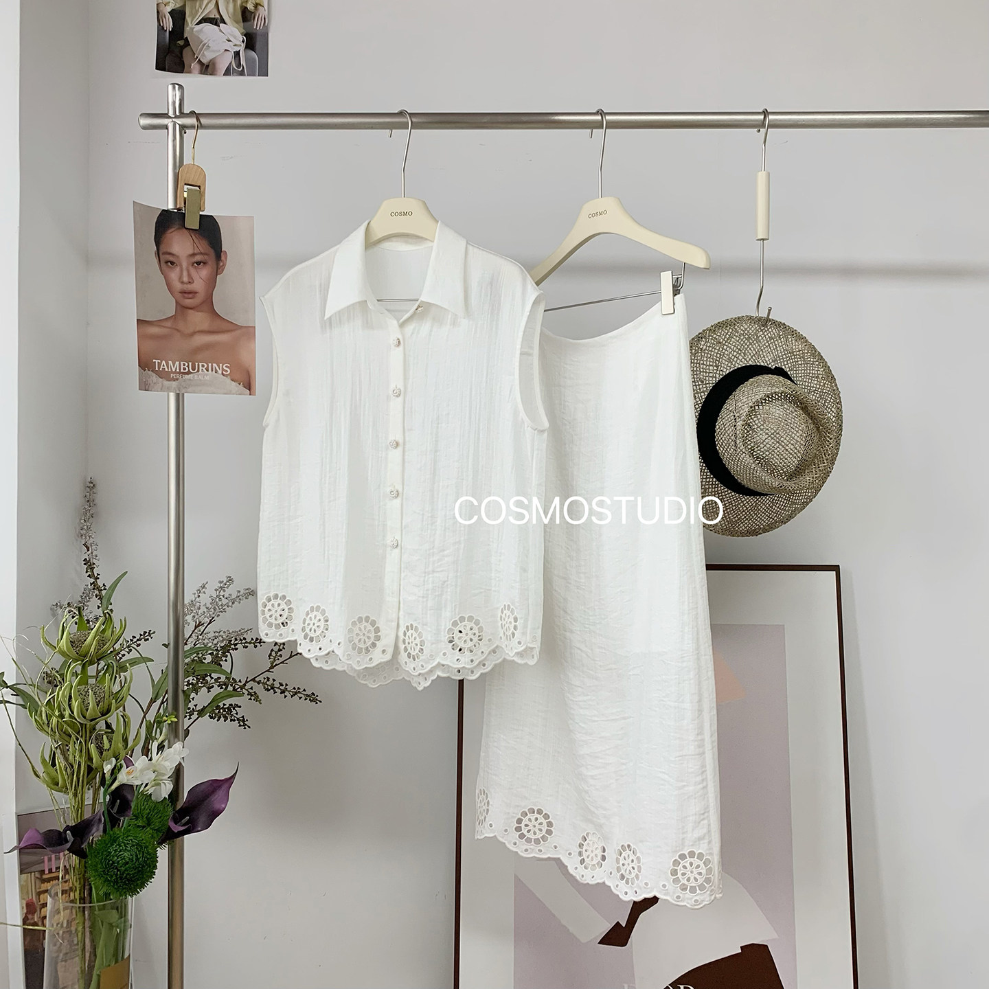 松弛慵懒老钱风镂空刺绣白色天丝棉亚麻无袖上衣半裙两件套装女薄