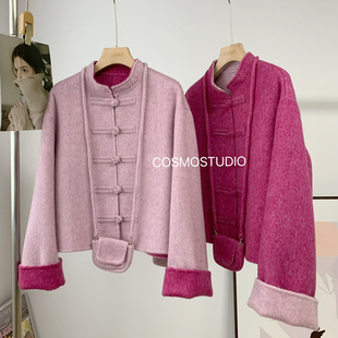 新款 时髦休闲新中式 国风双面羊毛呢子大衣外套女带包包2025冬季