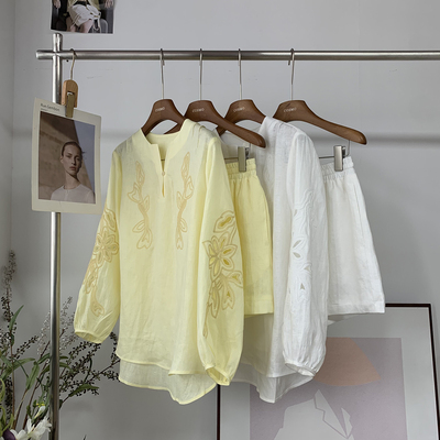 松弛慵懒感~衬衫短款亚麻套装