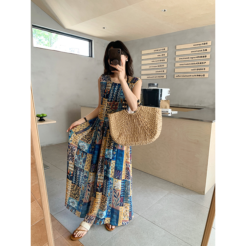波西米亚度假风蓝花连衣裙女