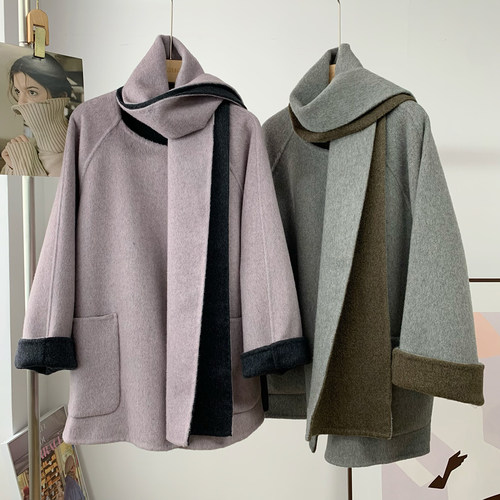 韩国东大门撞色围巾羊毛大衣