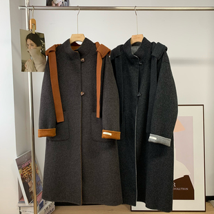 韩国东大门撞色针织围巾连帽双面羊毛呢子大衣外套女中长款 2025冬
