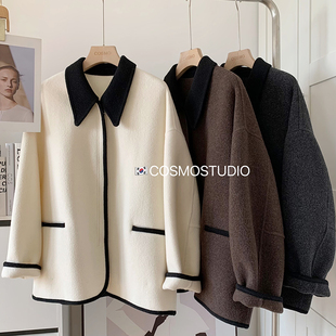 新款 韩国东大门娃娃领双面羊绒毛呢大衣外套女韩版 宽松显瘦25冬季