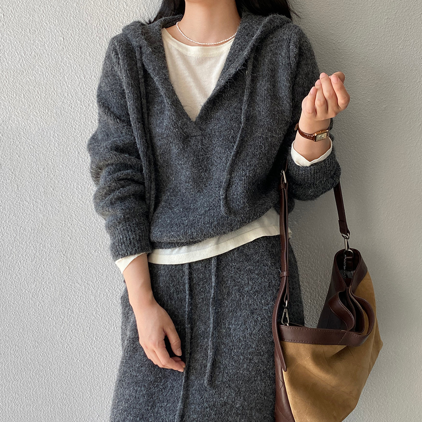 秋季新款连帽针织衫半身裙套装女