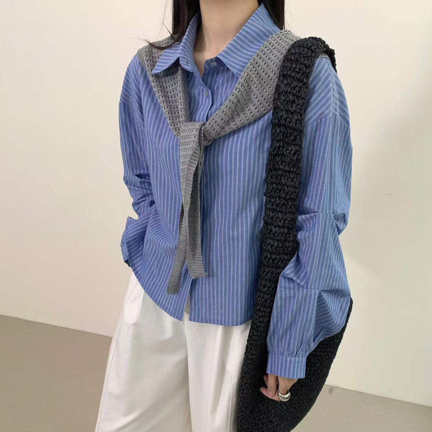 棉麻条纹长袖衬衫女装2026春季新款带披肩宽松休闲风衬衣小众上衣