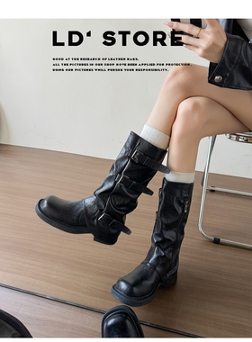 真皮~内增高黑色中筒裤管靴女秋西部牛仔骑士靴厚底褶皱堆堆长靴