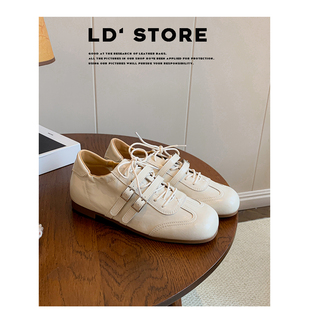 真皮~内增高德训鞋女2026春复古芭蕾风阿甘鞋平底系带方头休闲鞋