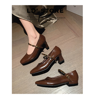 真皮~法式复古高跟鞋女2026春新款一字带通勤工作粗跟玛丽珍单鞋