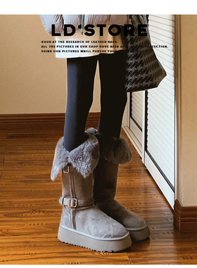 小个子厚底灰色长筒雪地靴女2025冬新款增高加绒加厚保暖东北棉鞋