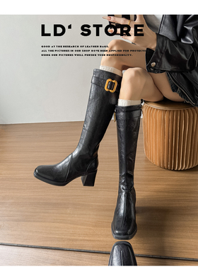 真皮~张元英同款高跟长筒靴女秋冬辣妹方头不过膝高筒骑士瘦瘦靴